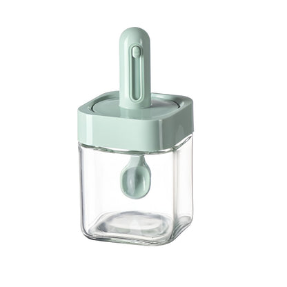 Recipient pentru Depozitarea Condimentelor, Klevo, Borcan din Sticla, Capac si Lingura Incorporate, Uz Casnic, 300 ml, 7.1x7.1x14.8 cm, Verde
