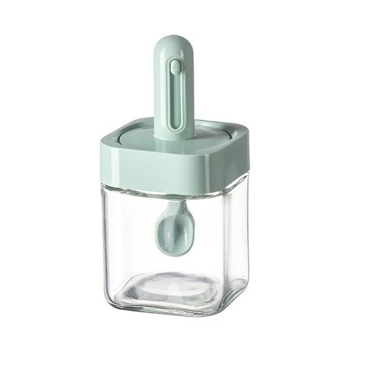 Recipient pentru Depozitarea Condimentelor, Klevo, Borcan din Sticla, Capac si Lingura Incorporate, Uz Casnic, 300 ml, 7.1x7.1x14.8 cm, Verde