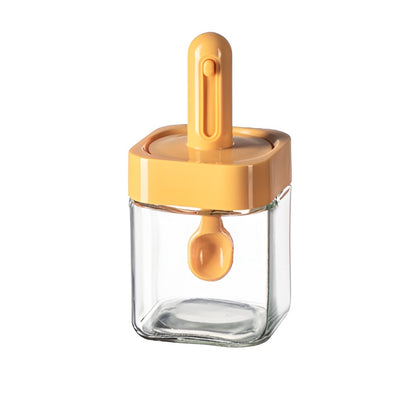 Recipient pentru Depozitarea Condimentelor, Klevo, Borcan din Sticla, Capac si Lingura Incorporate, Uz Casnic, 300 ml, 7.1x7.1x14.8 cm, Portocaliu