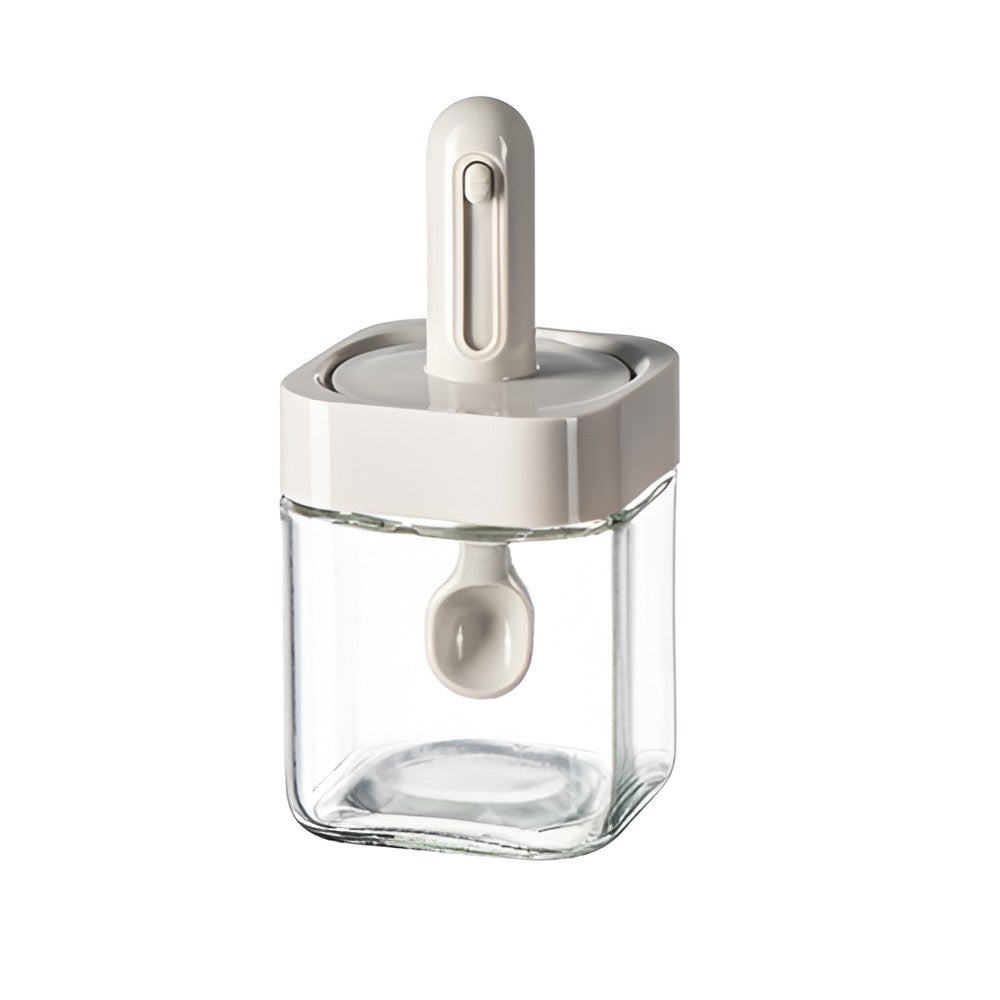 Recipient pentru Depozitarea Condimentelor, Klevo, Borcan din Sticla, Capac si Lingura Incorporate, Uz Casnic, 300 ml, 7.1x7.1x14.8 cm, Gri