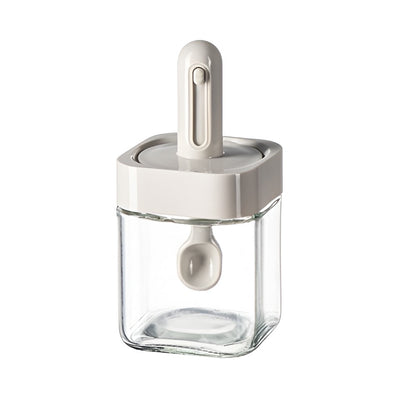 Recipient pentru Depozitarea Condimentelor, Klevo, Borcan din Sticla, Capac si Lingura Incorporate, Uz Casnic, 300 ml, 7.1x7.1x14.8 cm, Gri