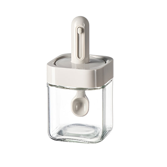 Recipient pentru Depozitarea Condimentelor, Klevo, Borcan din Sticla, Capac si Lingura Incorporate, Uz Casnic, 300 ml, 7.1x7.1x14.8 cm, Gri