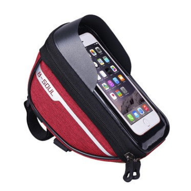Borseta bicicleta impermeabila cu husa pentru telefon Klevo, montare pe ghidon, compatibila cu telefoane de pana la 16 cm, spatiu depozitare, 18.5x9.5 cm, rosu