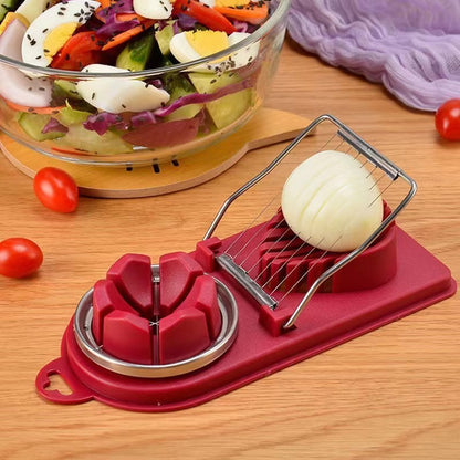 Feliator multifunctional Klevo pentru oua, mozzarela, fructe, 2 forme de feliere, agatatoare, 20 cm, Visiniu