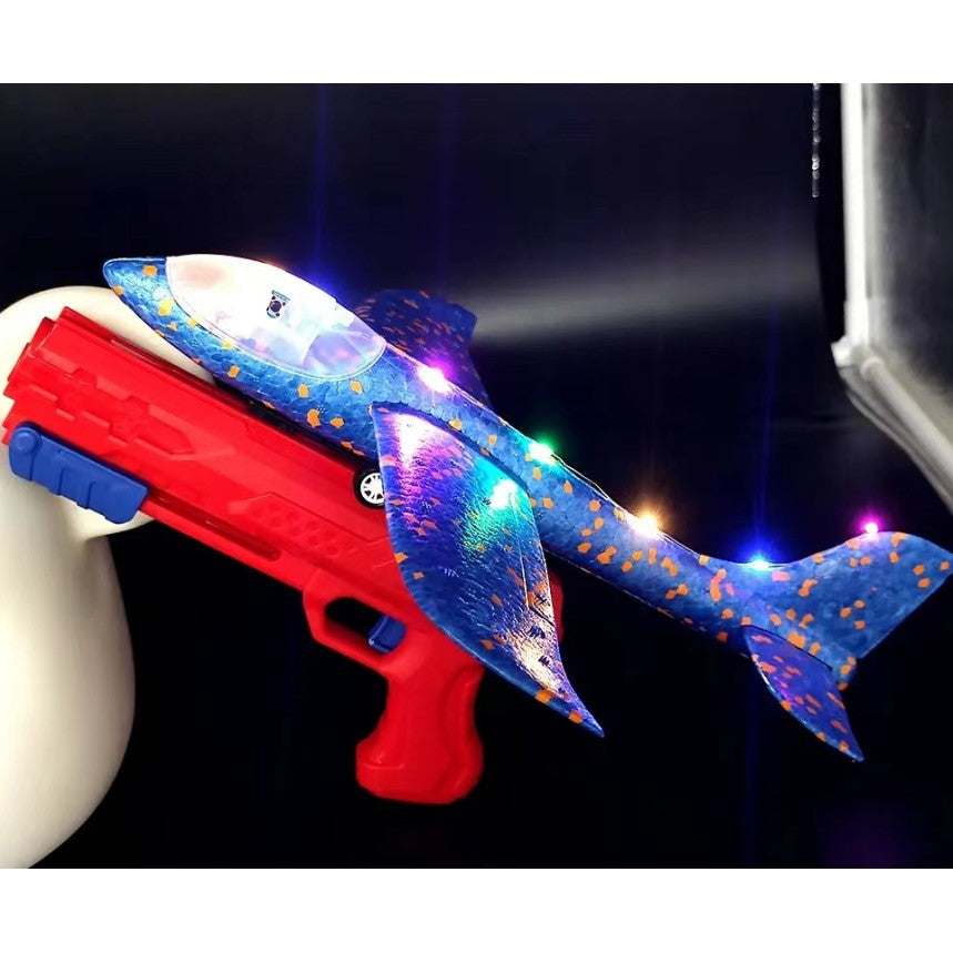 Pistol cu Lansator de Avion, Klevo, din Polistiren+Plastic, +3 Ani, Avion 38 cm, Lansare 10 m, cu Lumini si Roti, Rosu/Albastru