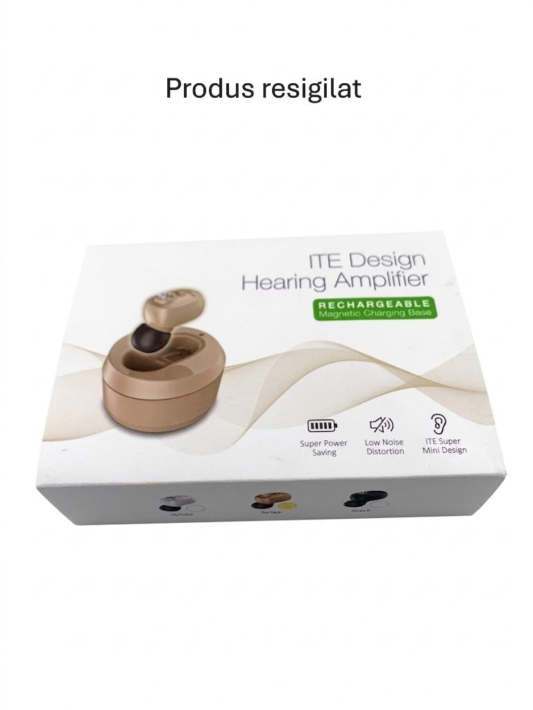 RESIGILAT - Aparat Auditiv Intraauricular In-Ear, Klevo, Amplificator de sunet pentru Auz, Minuscul Design Nou, 14 x 10 x 3.8 cm, 116 gr, Camel
