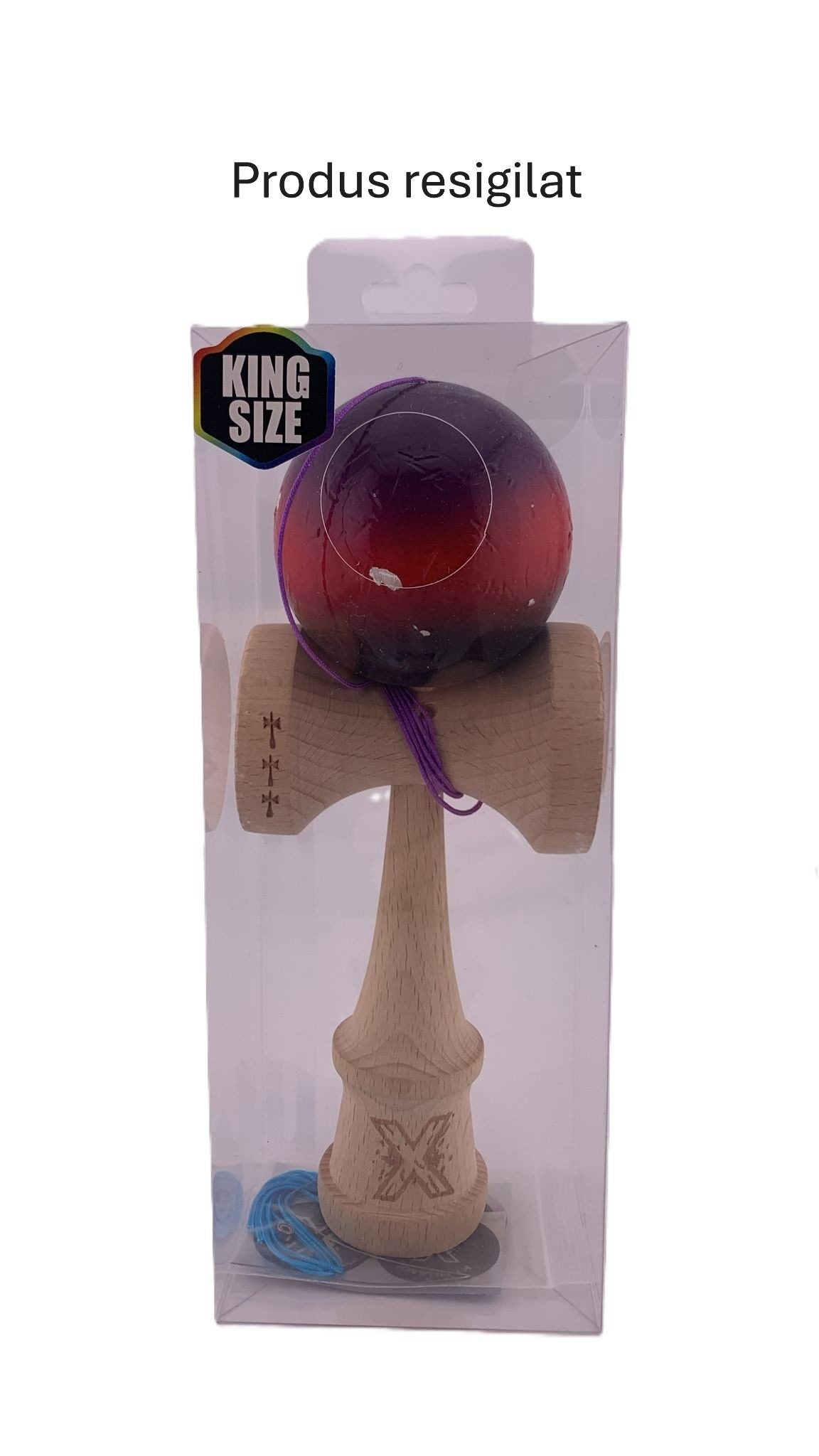 RESIGILAT - Kendama X Originala, Profesionala, Klevo, Big Cups V2, Super Sticky Cupe Mari, Rulment Metalic cu Ata 55 cm, Mov/Rosu/Negru