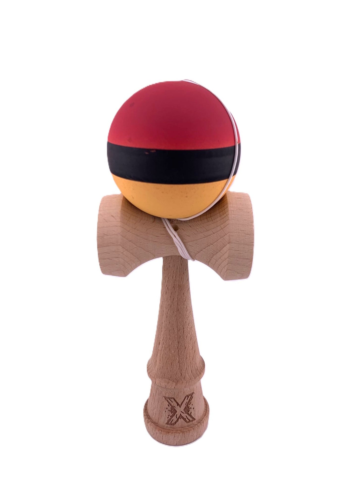 RESIGILAT - Kendama X Originala, Profesionala, Klevo, din Lemn, Rubber Grip, 18 cm, Rosu/Negru/Galben