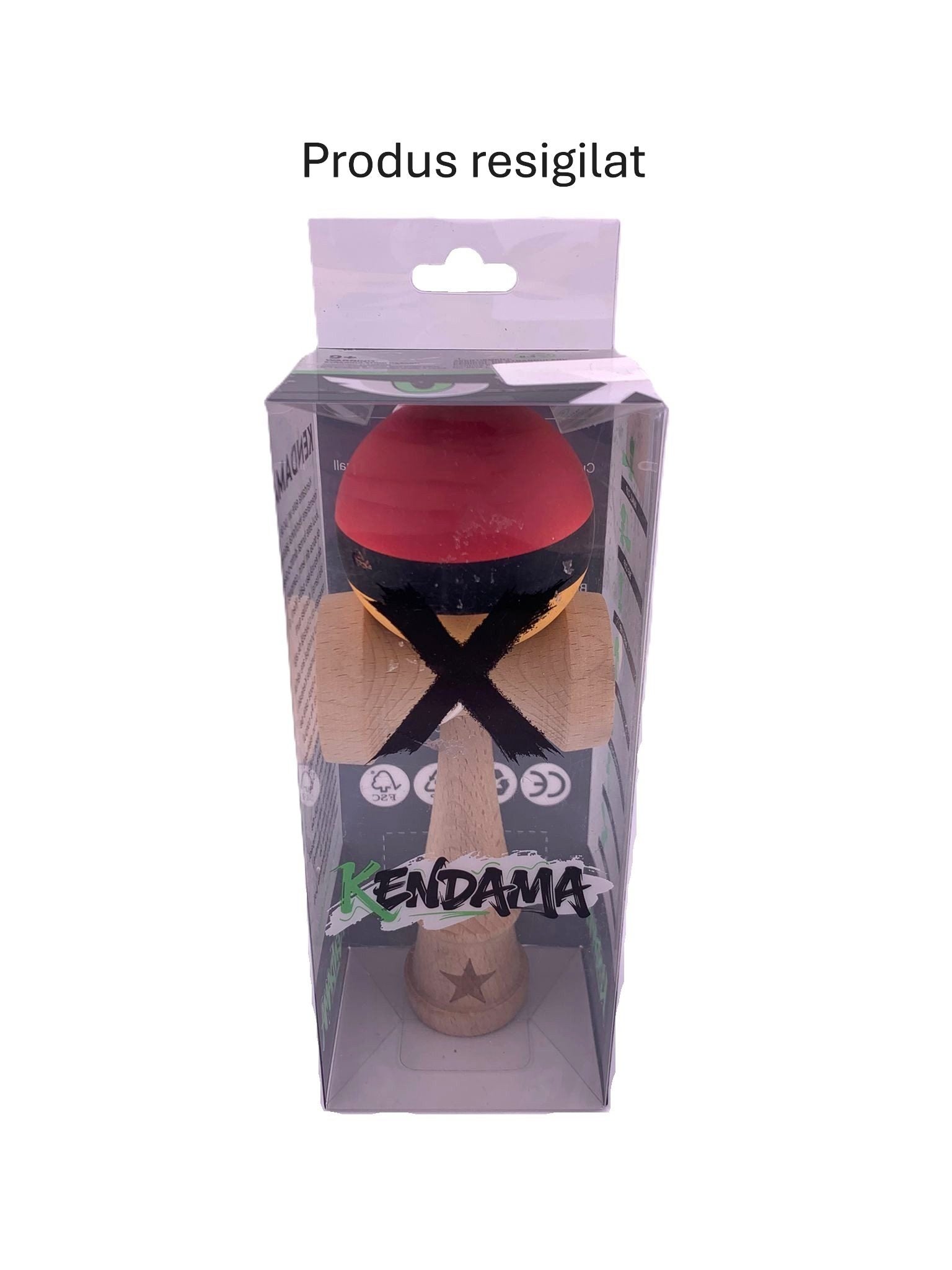 RESIGILAT - Kendama X Originala, Profesionala, Klevo, din Lemn, Rubber Grip, 18 cm, Rosu/Negru/Galben