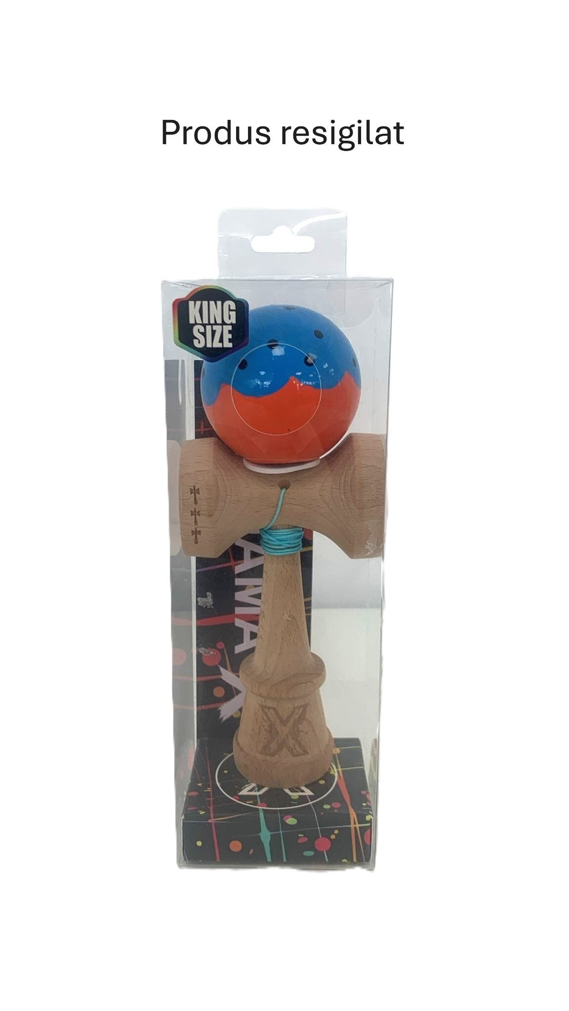 RESIGILAT - Kendama X Originala, Profesionala, Klevo, Super Sticky cu Cupe Mari KING SIZE V3, Gaura in Baza, Rulment Metalic, din lemn 18 cm, Ata 62/65 cm, Special Albastru/Portocaliu