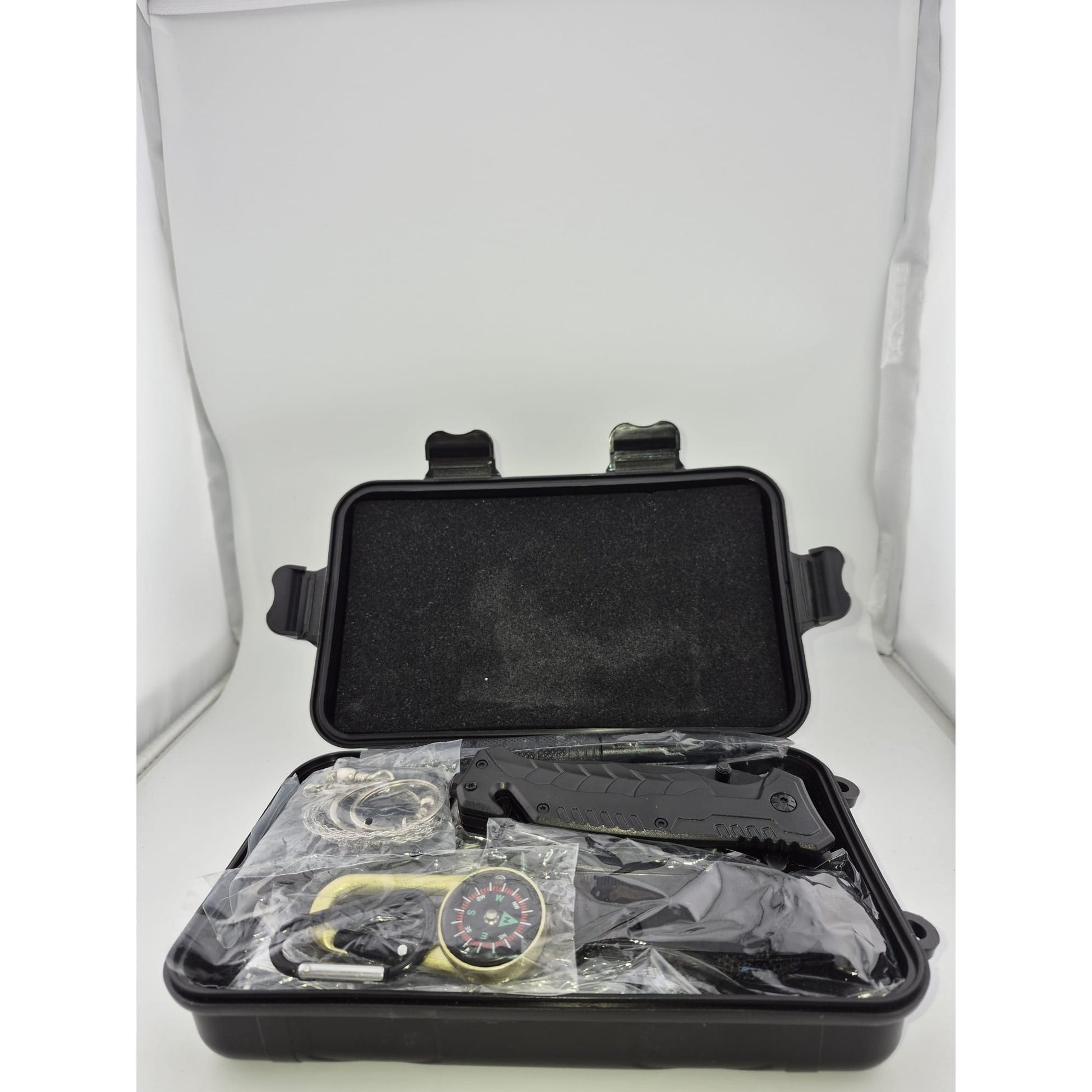 Resigilat: Kit supravietuire 19 in 1 Klevo, Cutit/Busola/Lanterna/Fluier/Chingi/Paracord, pentru Caping, Drumetii, Aventuri, Insturmente profesionale, Negru