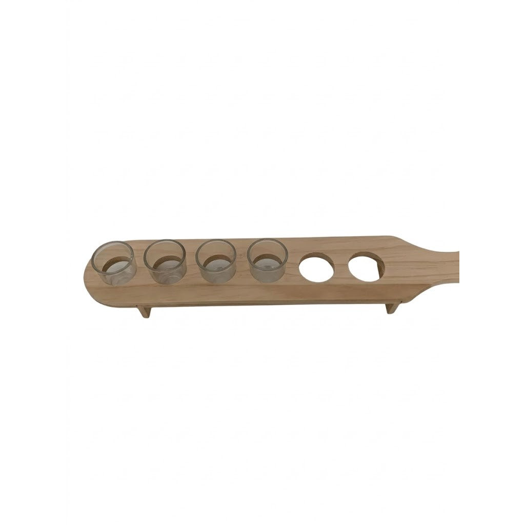 RESIGILAT - Set 6 Pahare Shot din Sticla Klevo, cu Suport din Lemn, Design Rustic, 49.5 x 7 x 6.5 cm, Maro
