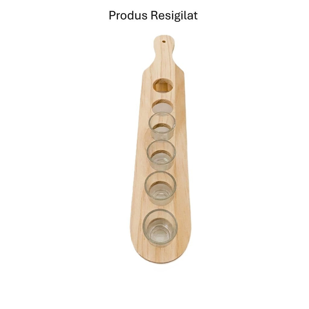 RESIGILAT - Set 6 Pahare Shot din Sticla Klevo, cu Suport din Lemn, Design Rustic, 49.5 x 7 x 6.5 cm, Maro