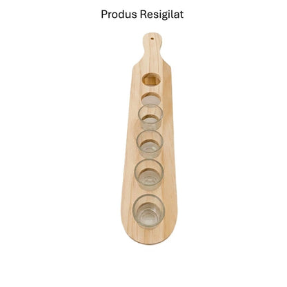 RESIGILAT - Set 6 Pahare Shot din Sticla Klevo, cu Suport din Lemn, Design Rustic, 49.5 x 7 x 6.5 cm, Maro