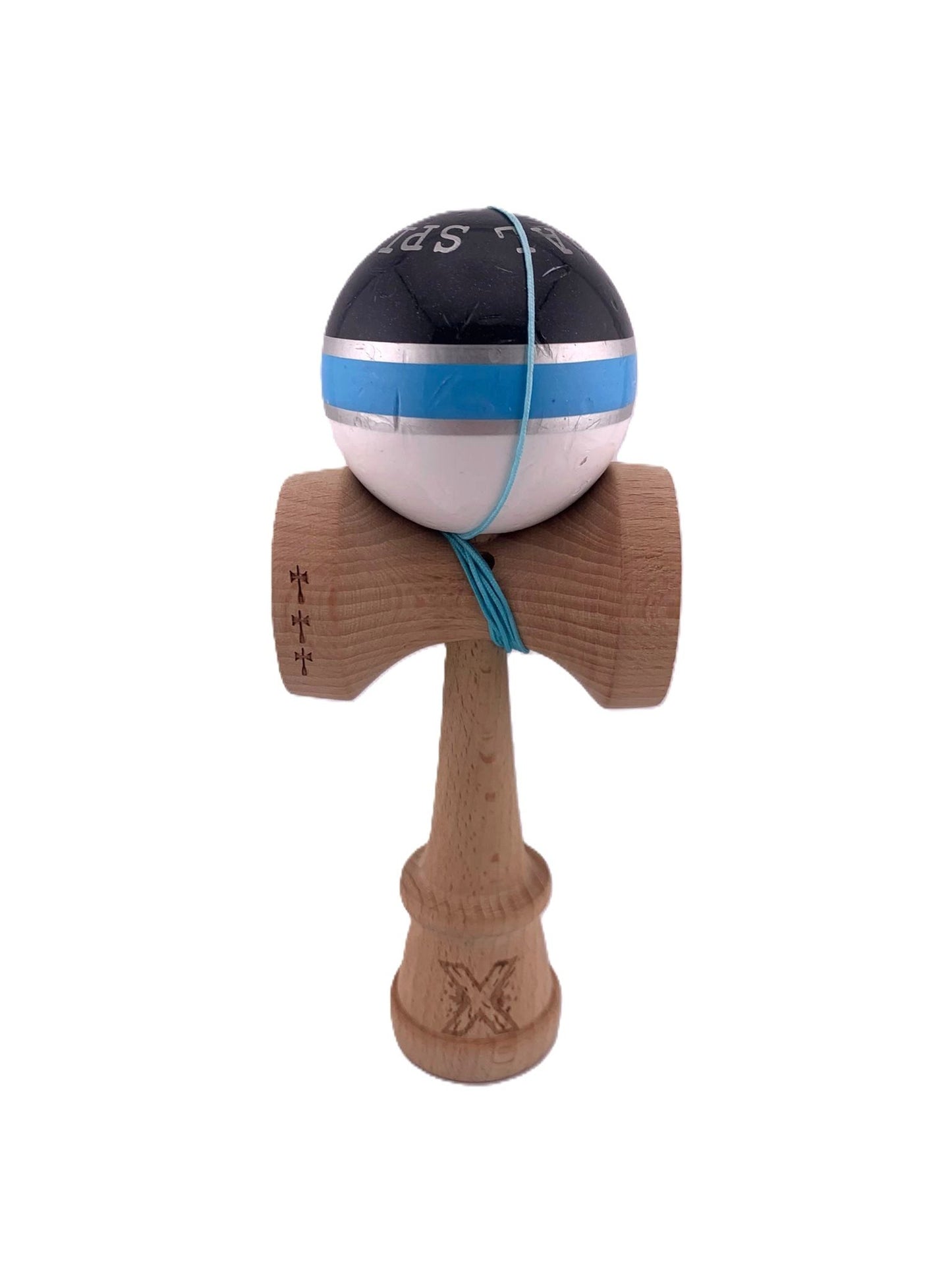 RESIGILAT2 - Kendama X Originala ROYAL SPIKE, Profesionala, Klevo, Cupe Mari KING SIZE V3, Super Sticky, Gaura in Baza, Rulment Metalic, din lemn 18 cm, Ata 62/65 cm, Inel Albastru Deschis