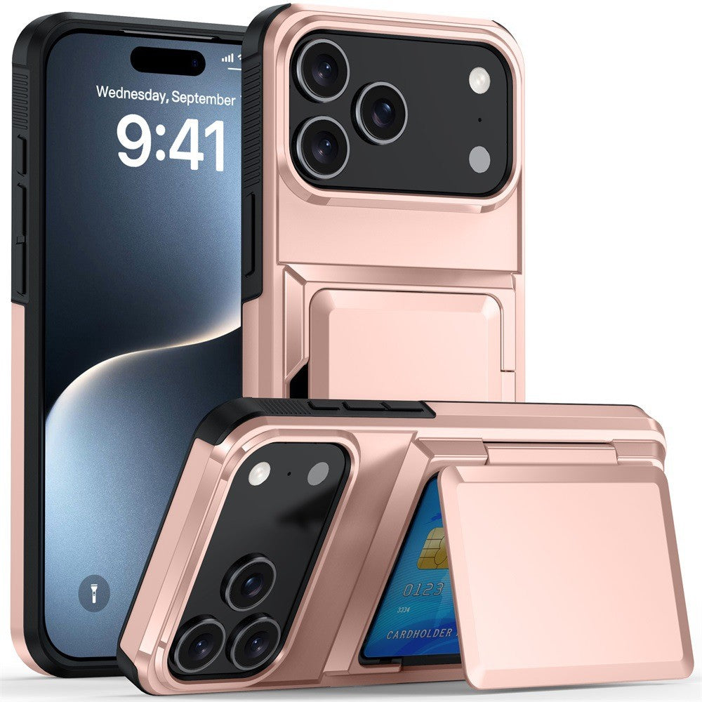 Husa de Protectie compatibila Apple iPhone 17 Pro, Klevo, Compartiment pentru Carduri, Anti-alunecare, Protectie PC, Rezistenta la Zgirieturi, Rose Gold