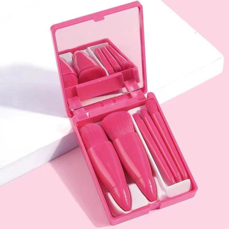 Set 5 Mini Pensule de Machiaj, Klevo, Portabile, in Carcasa cu Oglinda, din Par Sintetic Moale, Fucsia, 12x7x2.5 cm