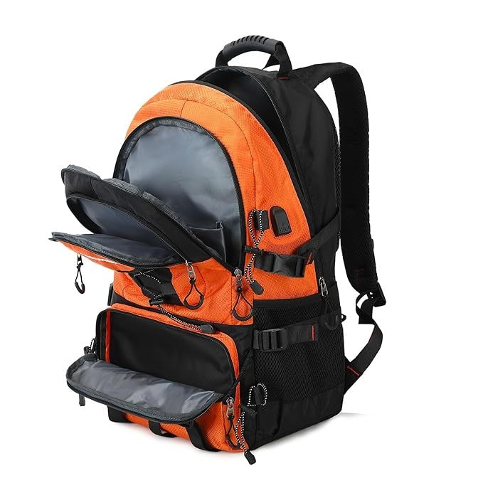 Rucsac Multifunctional de Alpinism, Klevo, Capacitate 36-55 L, de Calatorie, Impermeabil, Slot USB Incarcare Telefon, Bretele Reglabile, 52 x 34 x 19 cm, Portocaliu