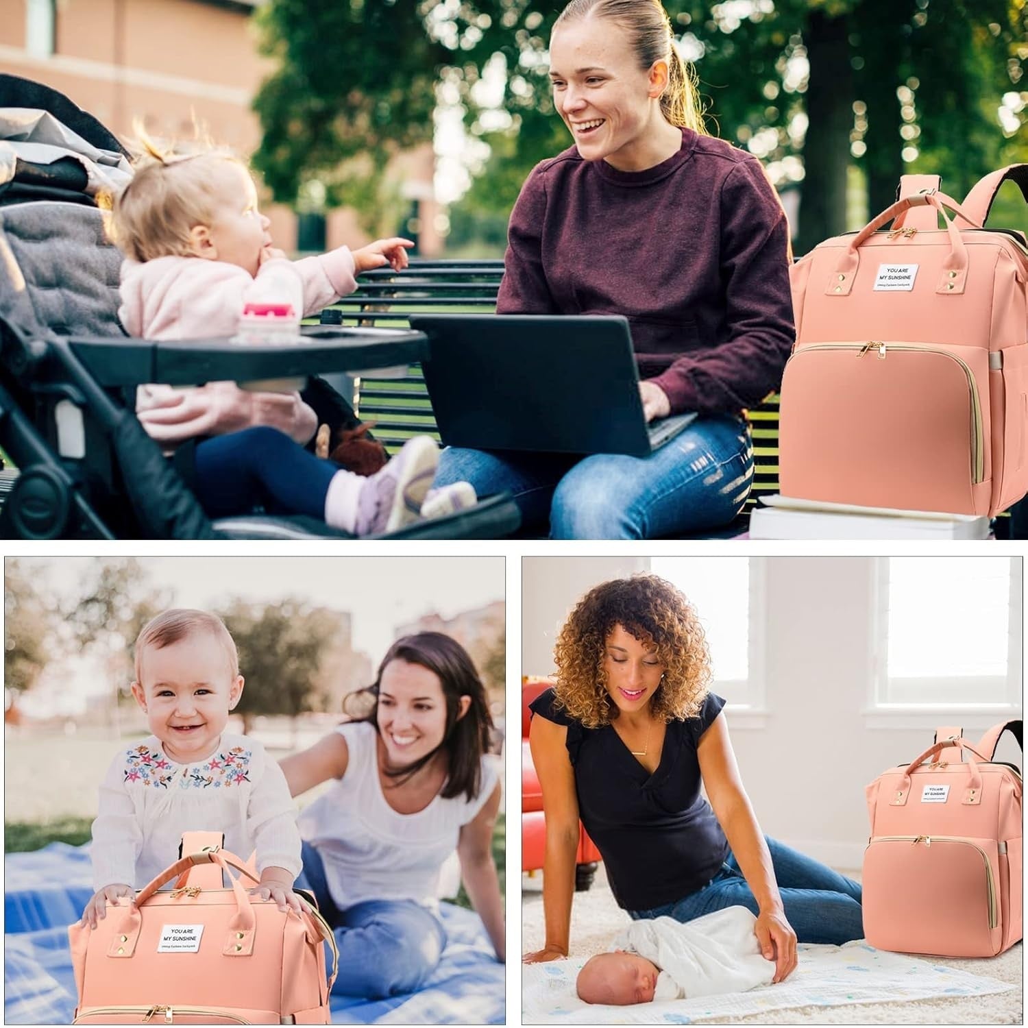 Rucsac Multifunctional pentru Mamici, Klevo, cu Patut Pliabil si Baza de Schimbat, Rezistent la Apa, Capacitate Mare, Usor, Compartimente Multiple, Buzunar Termic pentru Lapte, 42 x 32 x 22 cm, Roz P