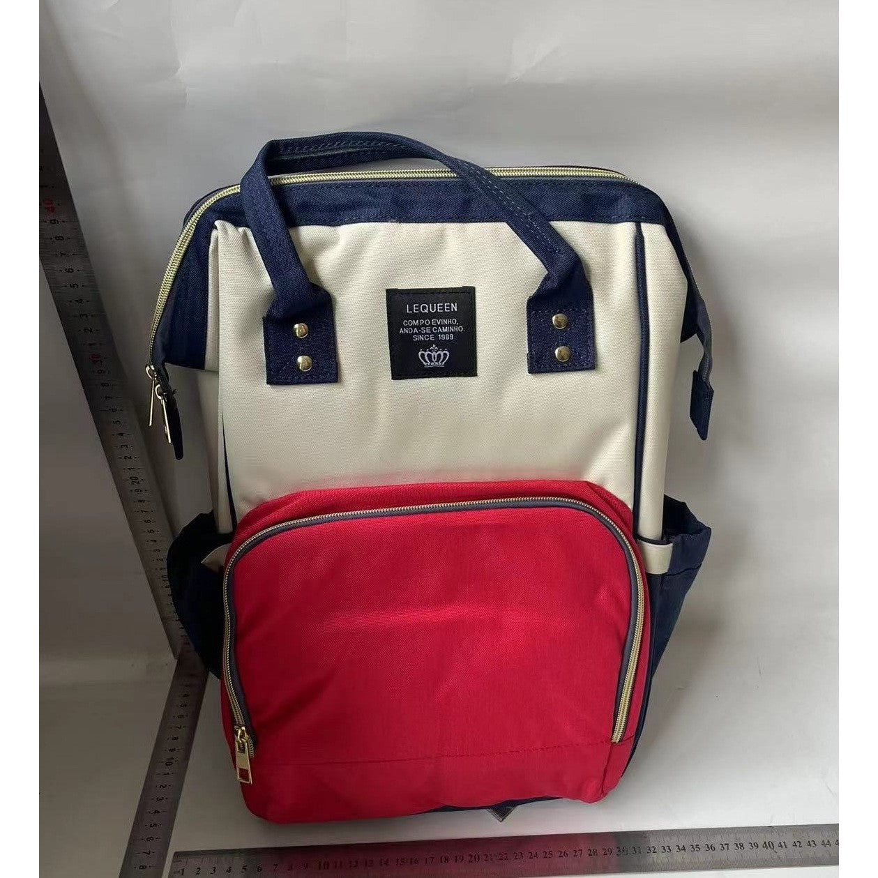 Rucsac Multifunctional pentru Mamici, Klevo, din Panza Oxford, Compartimentare Multipla, Impermeabil, 43 x 18 x 26 cm, Alb/Rosu/Albastru