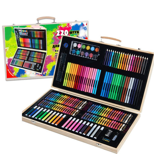 Set 220 Piese pentru Desen si Pictura, Klevo, Tip Servieta din Lemn, Model Natur, 48 x 30 x 5 cm, Multicolor