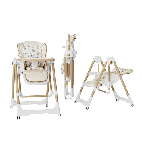 Scaun de Masa 2in1, Klevo, pentru Copii 6 luni - 4 Ani, Pliabil, cu Roti, Balansoar, Leagan, Reglabil, Tava de Masa Dubla, Centura in 5 Puncte, 96 x 56 x 76 cm, Sampanie