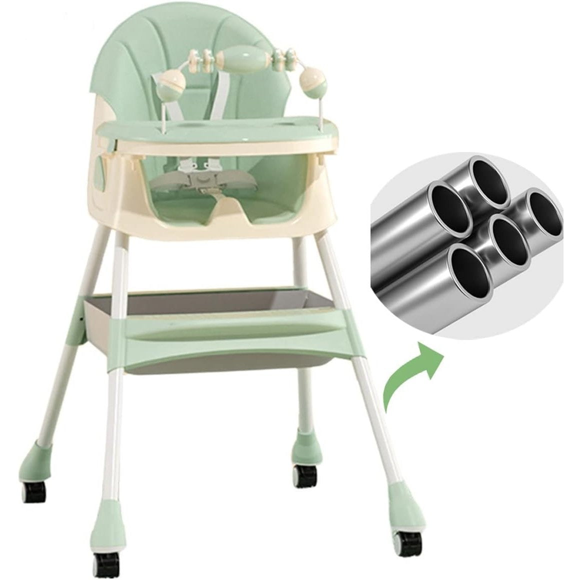 Scaun de Masa 2in1, Klevo, pentru Copii de la 6 luni - 5 Ani, Inaltime Reglabila, Centura in 5 Puncte, Tava de Masa, Roti cu Frana, Cos Depozitare, Jucarie Inclusa, 94 x 78 x 60 cm, Verde