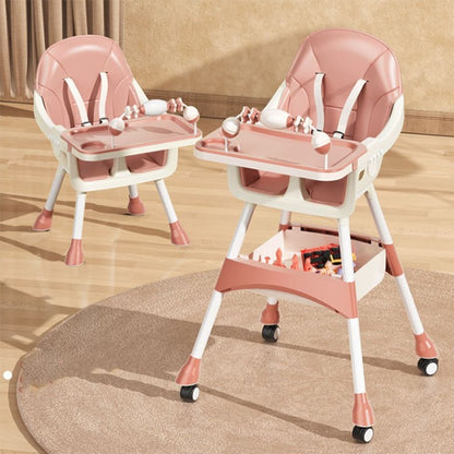 Scaun de Masa 2in1, Klevo, pentru Copii de la 6 luni - 5 Ani, Inaltime Reglabila, Centura in 5 Puncte, Tava de Masa, Roti cu Frana, Cos Depozitare, Jucarie Inclusa, 94 x 78 x 60 cm, Roz