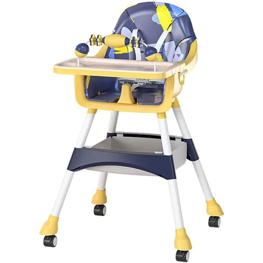 Scaun de Masa 2in1, Klevo, pentru Copii de la 6 luni - 5 Ani, Inaltime Reglabila, Centura in 5 Puncte, Tava de Masa, Roti cu Frana, Cos Depozitare, Jucarie Inclusa, 94 x 78 x 60 cm, Albastru/Galben
