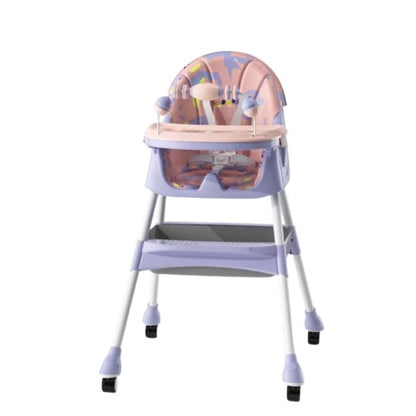Scaun de Masa 2in1, Klevo, pentru Copii de la 6 luni - 5 Ani, Inaltime Reglabila, Centura in 5 Puncte, Tava de Masa, Roti cu Frana, Cos Depozitare, Jucarie Inclusa, 94 x 78 x 60 cm, Roz/Mov