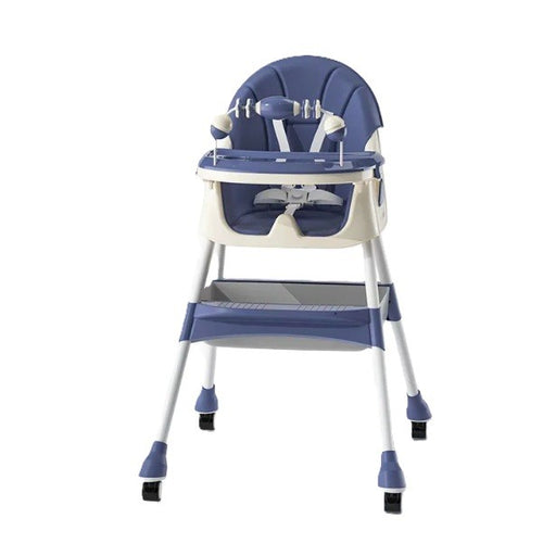 Scaun de Masa 2in1, Klevo, pentru Copii de la 6 luni - 5 Ani, Inaltime Reglabila, Centura in 5 Puncte, Tava de Masa, Roti cu Frana, Cos Depozitare, Jucarie Inclusa, 94 x 78 x 60 cm, Albastru/Alb