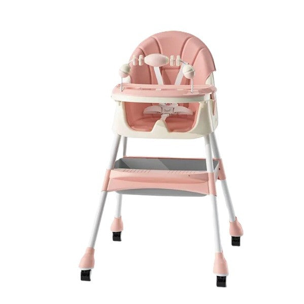 Scaun de Masa 2in1, Klevo, pentru Copii de la 6 luni - 5 Ani, Inaltime Reglabila, Centura in 5 Puncte, Tava de Masa, Roti cu Frana, Cos Depozitare, Jucarie Inclusa, 94 x 78 x 60 cm, Roz