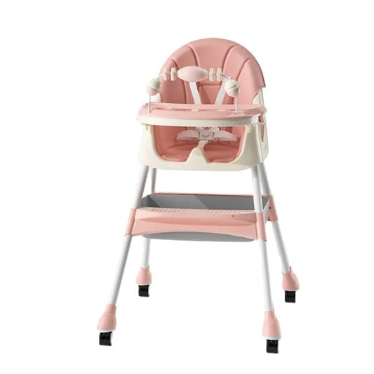 Scaun de Masa 2in1, Klevo, pentru Copii de la 6 luni - 5 Ani, Inaltime Reglabila, Centura in 5 Puncte, Tava de Masa, Roti cu Frana, Cos Depozitare, Jucarie Inclusa, 94 x 78 x 60 cm, Roz