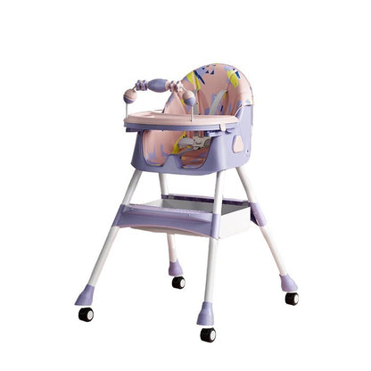 Scaun de Masa pe Roti pentru Copii, Klevo, 2 Tavite si Husa Detasabile, Multifuncțional, Stabil, Centura de Siguranta, Spatar Reglabil Moale, Balansoar, Cos de Depozitare, de la 6 Luni, Mov