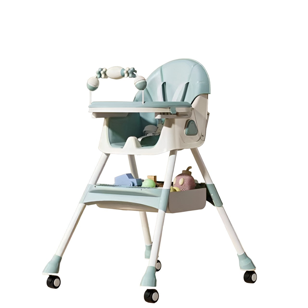 Scaun de Masa pentru Bebelusi si Copii, Klevo, 2 Tavite cu Jucarii si Husa Detasabile, Multifuncțional, Stabil, Centura de Siguranta, Spatar Reglabil Moale, Balansoar, Cos de Depozitare, de la 6 Luni, 97x73x65cm, Turcoaz
