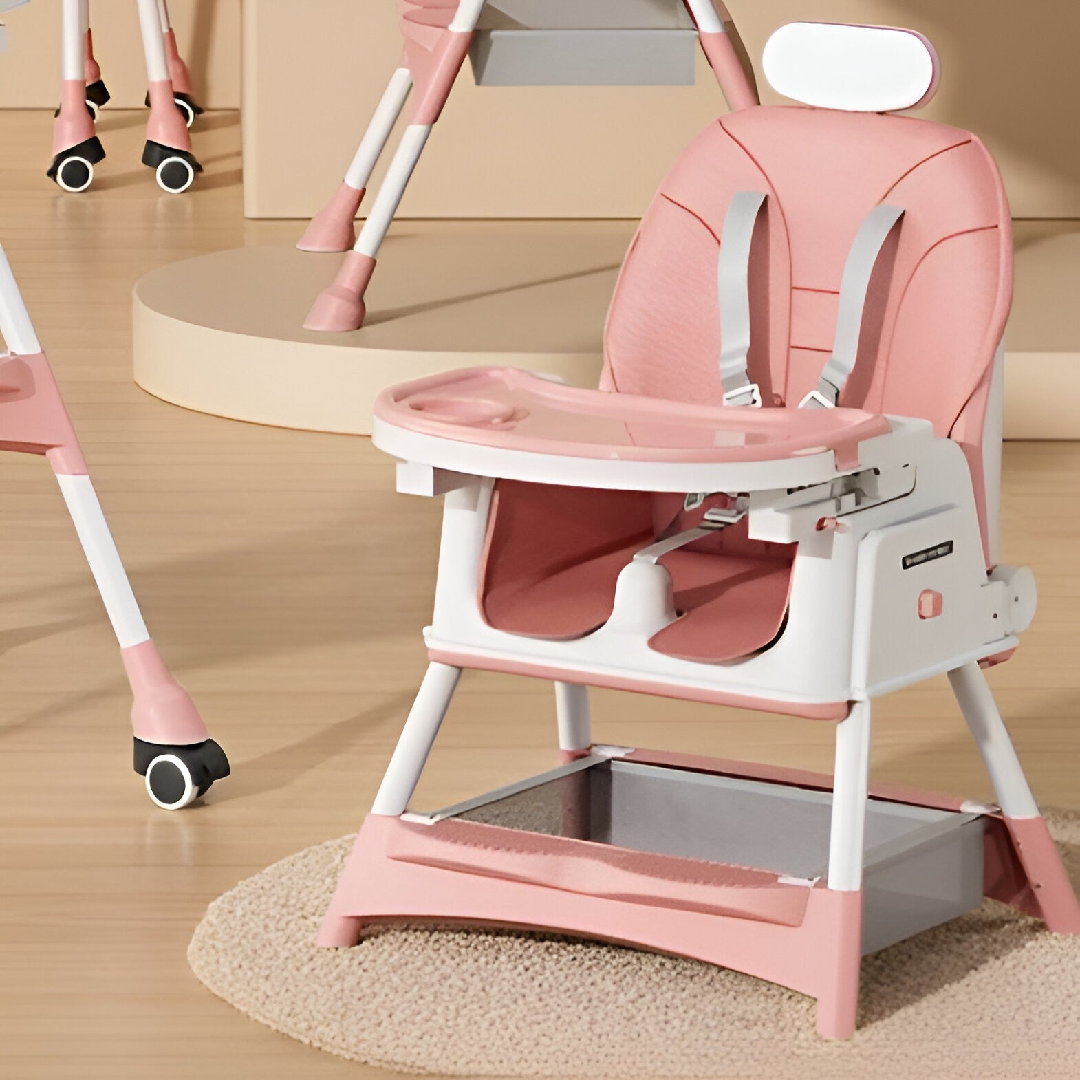 Scaun de Masa pentru Bebelusi si Copii Klevo, cu Roti, cu Tetiera, Telescopic, Pliabil, Masuta Reglabila, Suport Picioare, Scaun cu Invelis Piele Artificiala, Centura Siguranta, Spatiu Depozitare, 97 x 73 x 65 cm, Roz