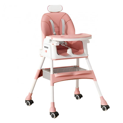 Scaun de Masa pentru Bebelusi si Copii Klevo, cu Roti, cu Tetiera, Telescopic, Pliabil, Masuta Reglabila, Suport Picioare, Scaun cu Invelis Piele Artificiala, Centura Siguranta, Spatiu Depozitare, 97 x 73 x 65 cm, Roz