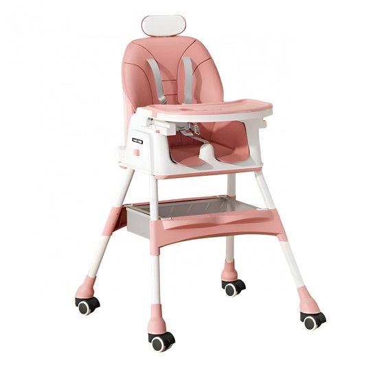 Scaun de Masa pentru Bebelusi si Copii Klevo, cu Roti, cu Tetiera, Telescopic, Pliabil, Masuta Reglabila, Suport Picioare, Scaun cu Invelis Piele Artificiala, Centura Siguranta, Spatiu Depozitare, 97 x 73 x 65 cm, Roz