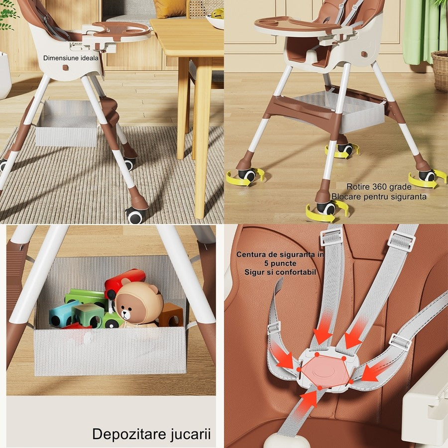 Scaun de masa pentru bebelusi si copii Klevo, cu roti, telescopic, pliabil, masuta reglabila, suport picioare, scaun invelis piele artificiala, centura siguranta, spatiu depozitare, 97 x 73 x 65 cm, maro