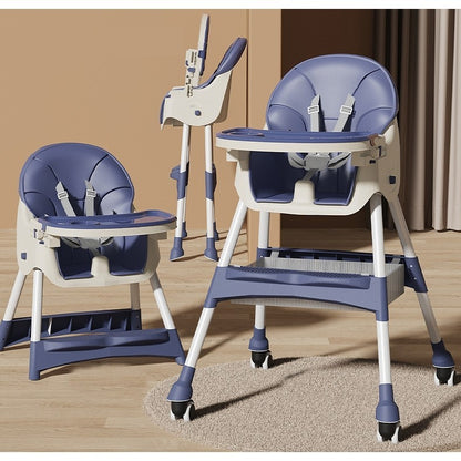 Scaun de Masa pentru Bebelusi si Copii, Klevo, cu Roti, Telescopic, Pliabil, Masuta Reglabila, Suport Picioare, Scaun cu Invelis Piele Artificiala, Centura Siguranta, Spatiu Depozitare, 97x73x65 cm, Albastru