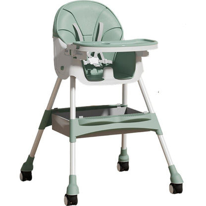 Scaun de masa pentru bebelusi si copii Klevo, cu roti, telescopic, pliabil, masuta reglabila, suport picioare, scaun invelis piele artificiala, centura siguranta, spatiu depozitare, 97 x 73 x 65 cm, verde