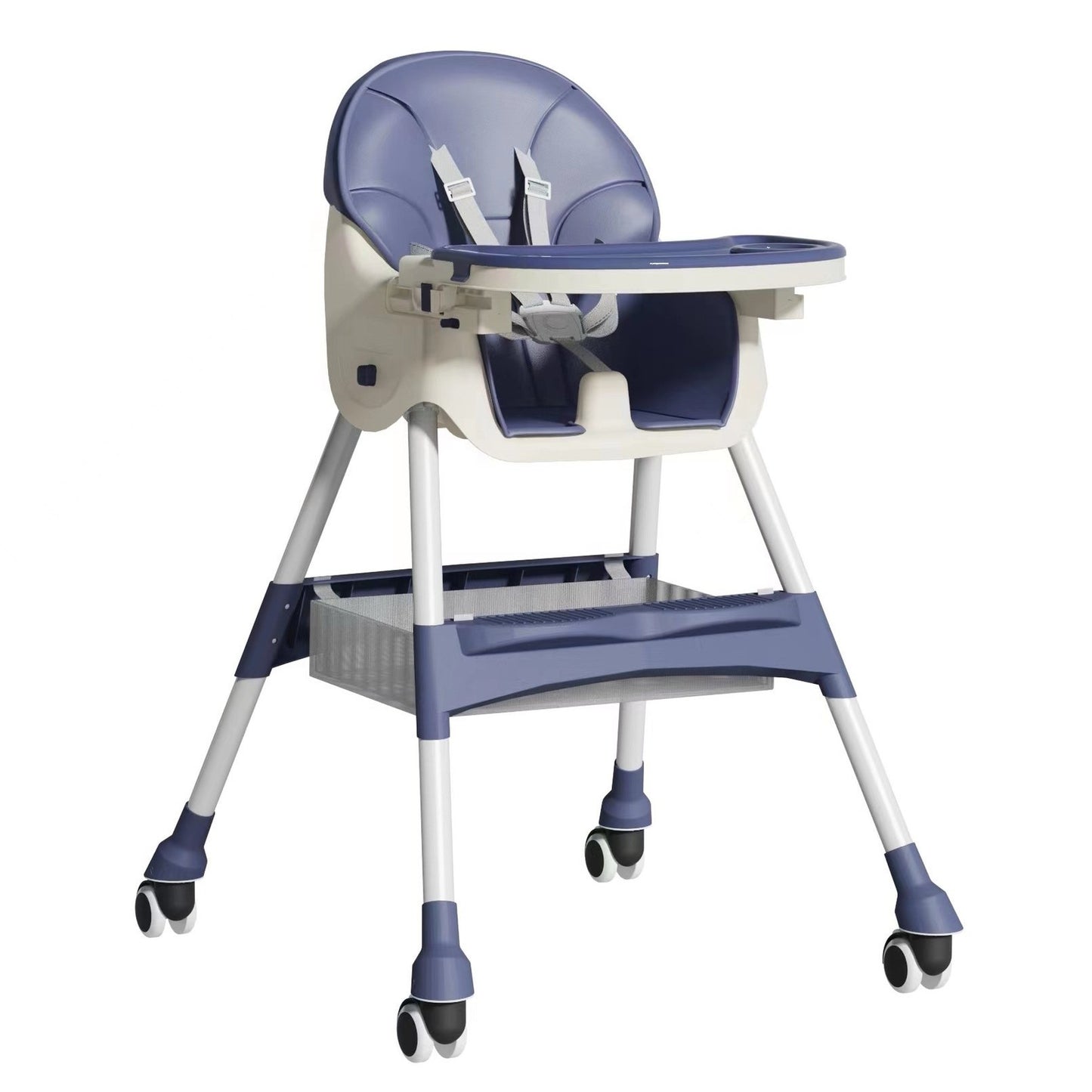 Scaun de Masa pentru Bebelusi si Copii, Klevo, cu Roti, Telescopic, Pliabil, Masuta Reglabila, Suport Picioare, Scaun cu Invelis Piele Artificiala, Centura Siguranta, Spatiu Depozitare, 97x73x65 cm, Albastru