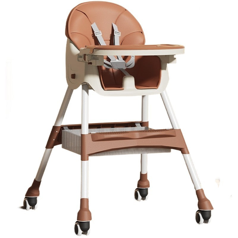 Scaun de Masa pentru Bebelusi si Copii, Klevo, cu Roti, Telescopic, Pliabil, Masuta Reglabila, Suport Picioare, Scaun cu Invelis Piele Artificiala, Centura Siguranta, Spatiu Depozitare, 97x73x65 cm, Maro