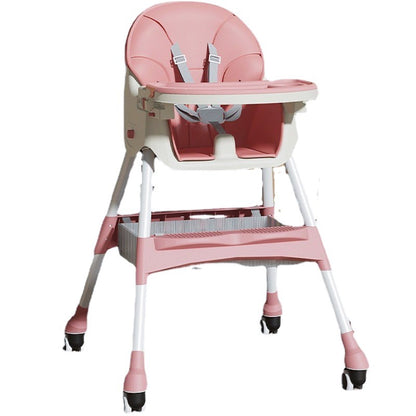 Scaun de Masa pentru Bebelusi si Copii, Klevo, cu Roti, Telescopic, Pliabil, Masuta Reglabila, Suport Picioare, Scaun cu Invelis Piele Artificiala, Centura Siguranta, Spatiu Depozitare, 97x73x65 cm, Roz