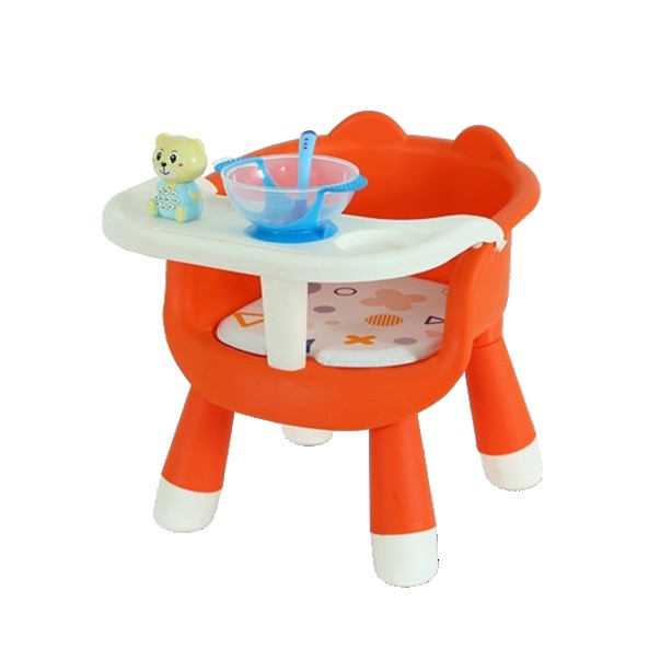 Scaun de Masa pentru Copii, Klevo, 2 in 1, Tavita Detasabila, Spatar Ergonomic, +6 Luni, Inaltime 36 cm, Portocaliu