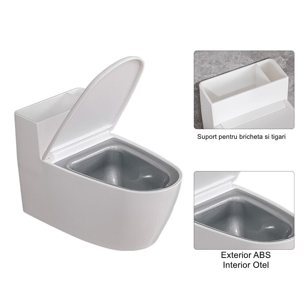 Scrumiera creativa Klevo, Forma de Toaleta, Capac Alb , Material ABS si Otel Inoxidabil, 12.5 x 9.8 x 8.4 cm, Fixare prin Lipire sau De Sine Statator, pentru Baie, Camera, Bucatarie, Balcon, Alb