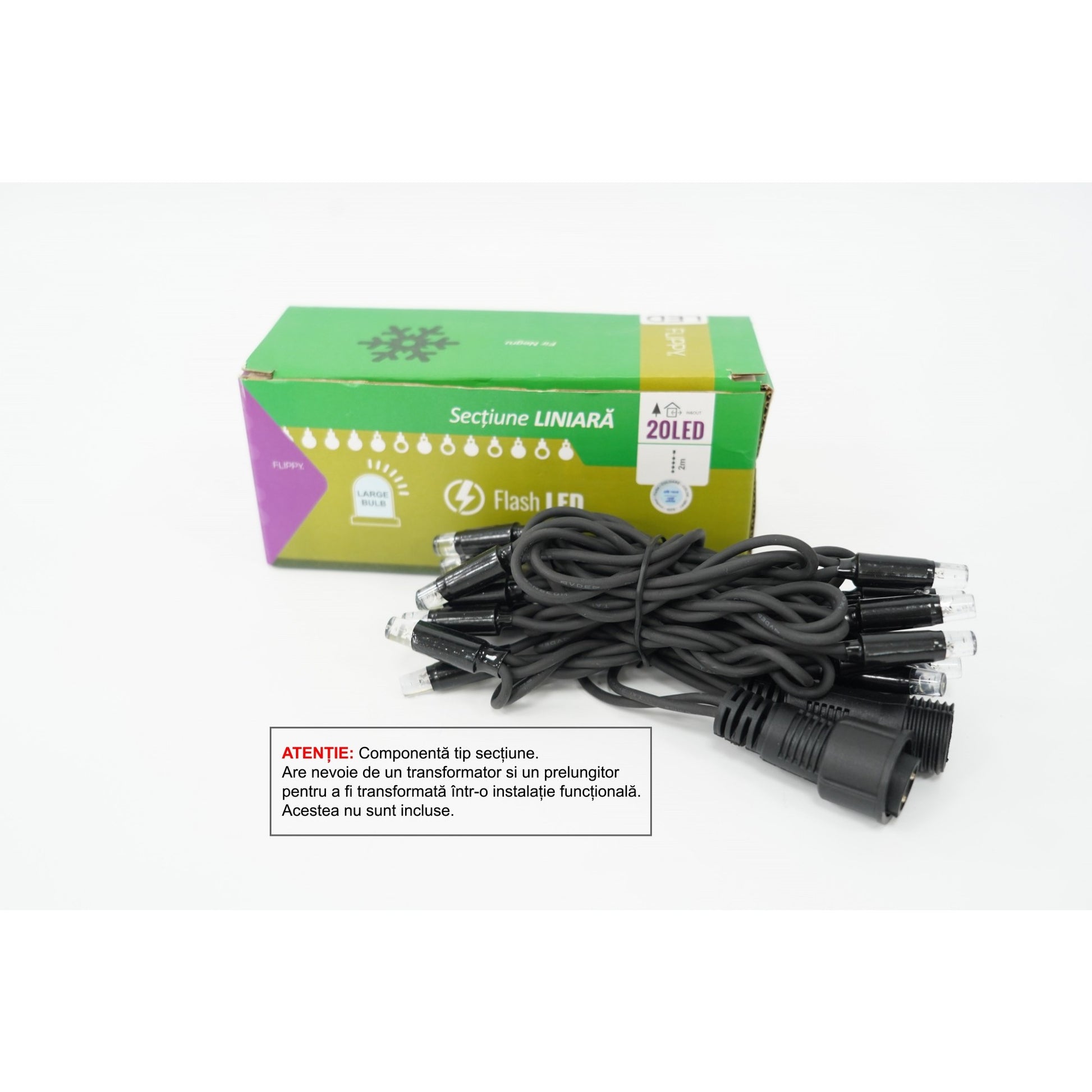 Sectiune Instalatie de Craciun Klevo Tip Liniara, cu Flash, 2 m, 20 LED-uri, Interconectabila, Fir Negru, Alb-Rece, Atentie! nu contine Alimentator