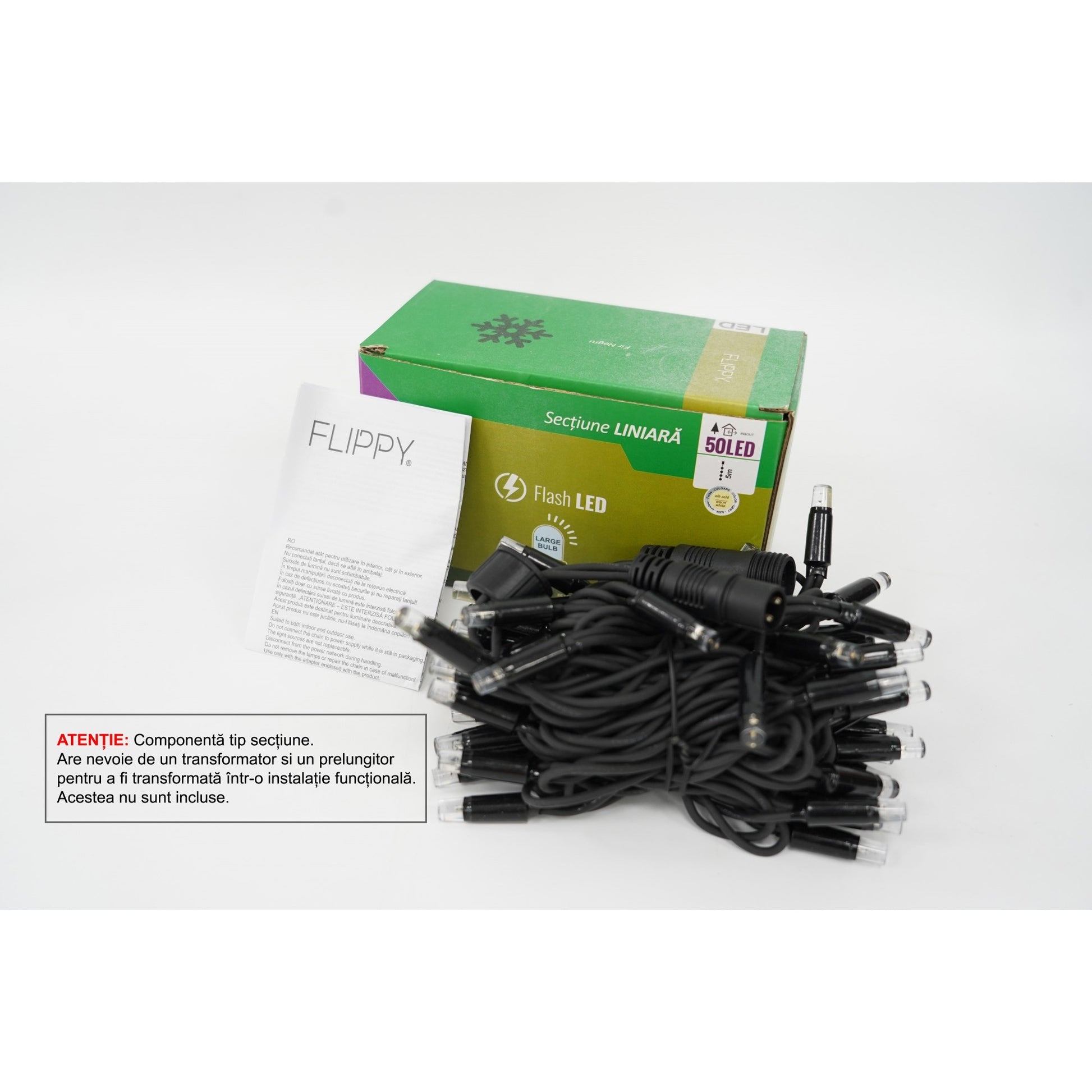 Sectiune Instalatie de Craciun Klevo Tip Liniara, cu Flash, 5 m, 50 LED-uri, Interconectabila, Fir Negru, Alb-Cald