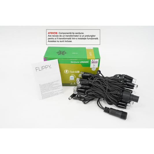 Sectiune Instalatie de Craciun Klevo Tip Liniara, cu Flash, 5 m, 50 LED-uri, Interconectabila, Fir Negru, Alb-Rece