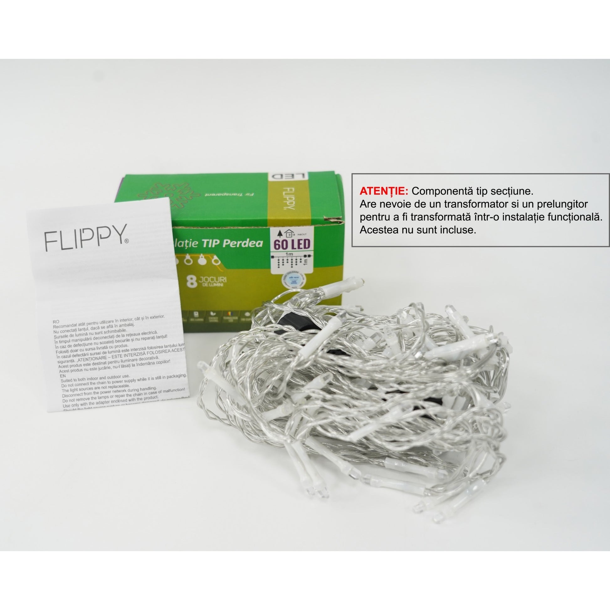 Sectiune Instalatie de Craciun Klevo Tip Perdea, 8 jocuri de lumini, 1x1 m, 60 LED-uri, Interconectabila, Fir Transparent, Alb Rece